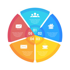 Circle infographics template can be used diagram, presentation or web design. Business concept with 5 options or steps. Vector infographic design.