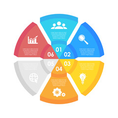 Circle infographics template can be used diagram, presentation or web design. Business concept with 6 options or steps. Vector infographic design.