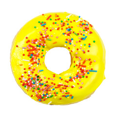 Donut in yellow glaze with colored sprinkles. Isolated on a white background.