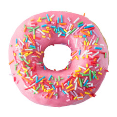 Donut in pink glaze with colored sprinkles. Isolated on a white background.