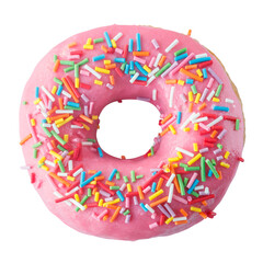 Donut in pink glaze with colored sprinkles. Isolated on a white background.