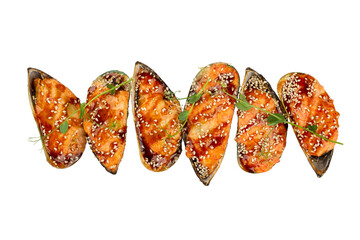 Baked mussels with cheese. Isolated over white background.