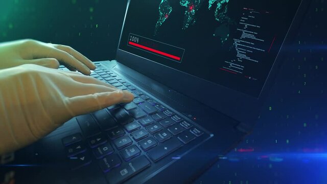 People-the hacker writes a code virus on laptop