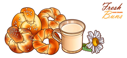 Buns, flowers, milk hand drawn vector doodle illustration.