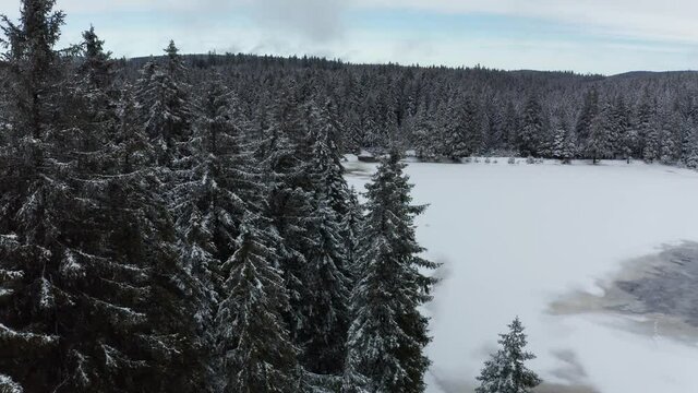 Frozen lake in winter, woods covered in fresch snow, aerial view, Crno jezero, Black lake, Pohorje, Slovenia