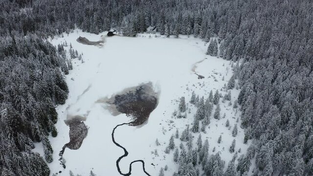 Frozen lake in winter, woods covered in fresch snow, aerial view, Crno jezero, Black lake, Pohorje, Slovenia