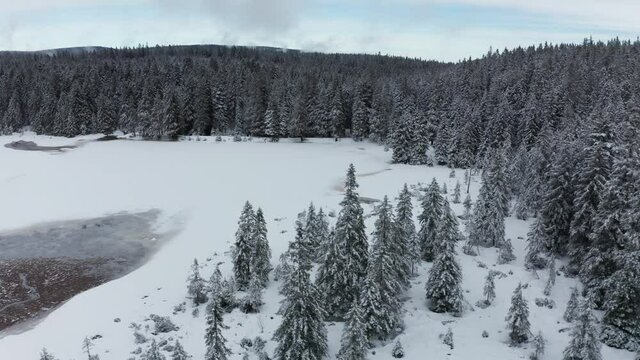 Frozen lake in winter, woods covered in fresch snow, aerial view, Crno jezero, Black lake, Pohorje, Slovenia