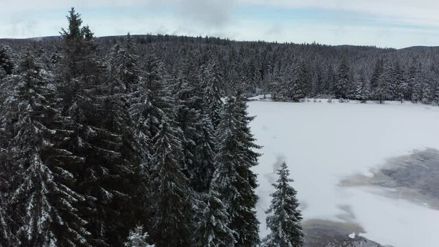 Frozen lake in winter, woods covered in fresch snow, aerial view, Crno jezero, Black lake, Pohorje, Slovenia