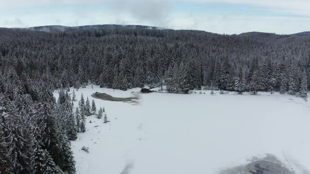 Frozen lake in winter, woods covered in fresch snow, aerial view, Crno jezero, Black lake, Pohorje, Slovenia