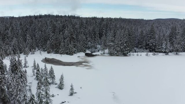 Frozen lake in winter, woods covered in fresch snow, aerial view, Crno jezero, Black lake, Pohorje, Slovenia