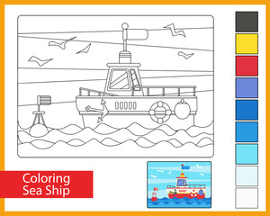 Coloring sea ship. Kids worksheet. Activity page. Children art game.  Vector illustration.