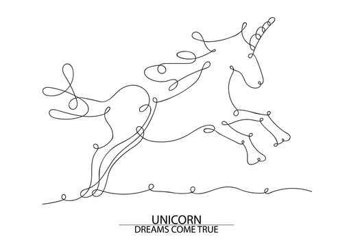 Drawing continuous line the unicorn. Graphic image of a solid line unicorn horse. Fantasy animalistic sketch in a minimalist style. Beautiful Horse Jump. Vector illustration.