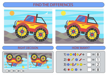 Find the difference the two big off-road car. Children funny riddle entertainment. Sheet different toys construction equipment. Game tasks for attention. Mathematical exercise. Vector illustration.