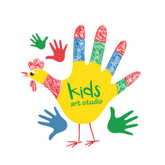 Kids art studio logo design, colorful hand printed cock with text, childrens center, art school label template.