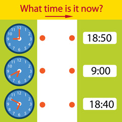 Riddle the children clock. What time is it now? Children funny entertainment and amusement. Help to understand the clock time. Vector illustration.