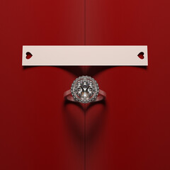 A diamond engagement ring with a heart-shaped shadow and a blank card to insert your text, all lying on a red velvet. Romantic love and wedding background. 3D render.