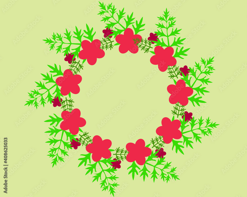 Wall mural Wreath of abstract red flowers and green openwork leaves