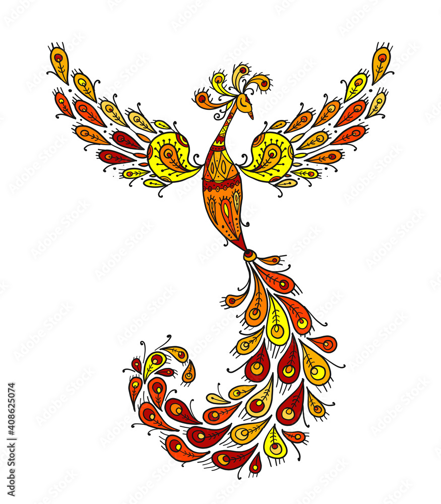 Poster firebird with a majestic tail. phoenix bird. mythical character. ornamental silhouette for your desi