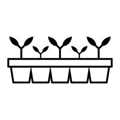 Seedlings in pots icon. Planting seeds. Black contour linear silhouette. Vector flat graphic illustration. The isolated object on a white background. Isolate.