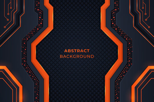 Modern Abstract Background with orange color circuits,  orange color shapes, metallic shapes, Glow and lights on a dark background.