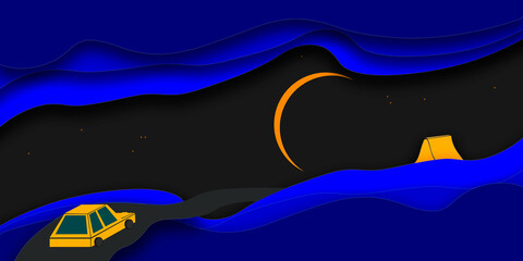 Paper cutout art of a yellow car driving in the moonlight to a tent