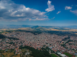 Aerial panoramic view over Kozani city, Greece