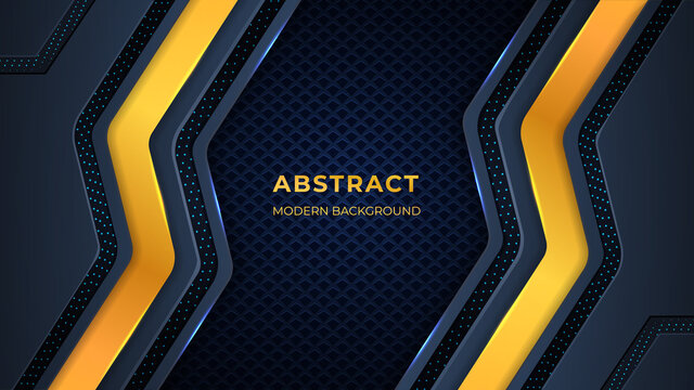 Abstract Background with golden color shapes, metallic shapes, Glow and lights on a dark background.