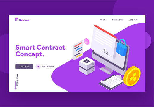 Smart Contract Concept Landing Page with Isometric View of Secure Contract Data in Computer