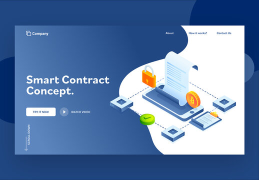 Isometric View of Online E-Contract from Smartphone for Smart Contract Concept Landing Page 