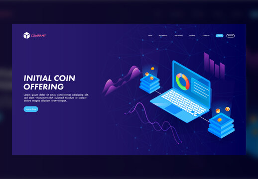 Isometric Laptop with Infographic Screen for Initial Coin Offering Concept Landing Page