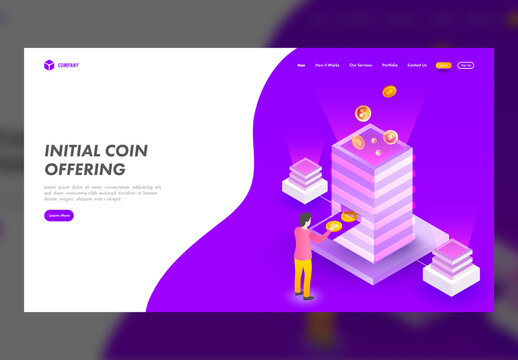 Initial Coin Offering Landing Page with Isometric Crypto Servers Currency