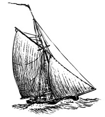 Freehand drawing of ancient sailing boat in the sea