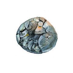 Watercolor sea pebble, blue and turquoise stone. Natural texture with paint splashes. Can be used for print, postcard. Hand drawn raster stock illustration in realism, traditional drawing.