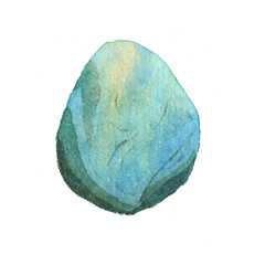 Watercolor sea pebble, blue and turquoise stone. Natural texture with paint splashes. Can be used for print, postcard. Hand drawn raster stock illustration in realism, traditional drawing.