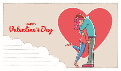 Postcard with text field and Loving man Hugging a woman. Valentine's day.