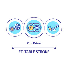 Cost driver concept icon. Unit of activity that causes change in activitys value. Money management idea thin line illustration. Vector isolated outline RGB color drawing. Editable stroke