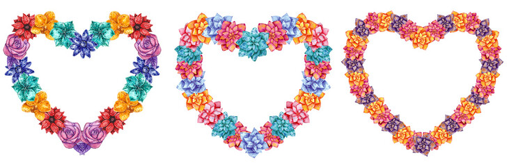 Set of botanical heart shaped wreaths made of different flowers in orange, purple, blue, turquoise and pink colors. Hand drawn watercolor illustration.