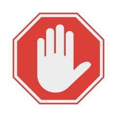 Red octagonal stop sign arm. Stop hand symbol for prohibited activities. No entry.