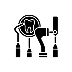 Obraz premium Dental equipment black glyph icon. Dental procedures. Instruments for dental treatment. Cosmetic dentistry. City family dentistry. Silhouette symbol on white space. Vector isolated illustration