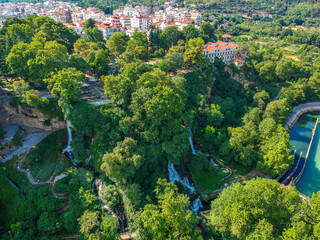 Aerial panoramic view of the powerful waterfalls of Edessa and the surrounded area in Edessa city,...