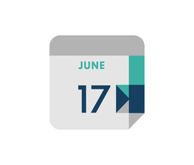 June 17 flat daily calendar date, 17 June Single Day Calendar  Icon