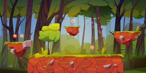 Game level background with platforms and items. Vector cartoon landscape of forest, trees, flying islands with green grass and shiny spheres for gui interface of arcade game © klyaksun