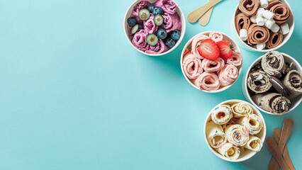 rolled ice creams in cone cups on blue background. Different iced rolls top view or flat lay. Thai style rolled ice cream with copy space for text or design. Banner