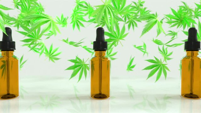 Seamless Loop of A lot of CBD oil bottles with marijuana or cannabis oil leafs in between. White brackground. an assembly line, essential oils, hemp oil, bottles. 4k loop. stocks of weed