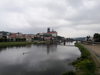 Naklejka premium Panorama of the city of Meissen with the river Elbe, Germany, Europe