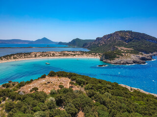 Naklejka na ściany i meble Aerial panorama view of the famous semicircular sandy beach and lagoon of Voidokilia in Messenia, Greece