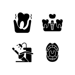 Diseases of the oral cavity black glyph icons set on white space. Instruments for dental treatment. Dentistry occupation. Professional dental care. Silhouette symbols. Vector isolated illustration