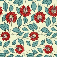 Seamless Pattern with Abstract Flowers and Leaves. Endless Texture with Floral Motifs. Nature Inspired Abstract Elements. Fabric Textile, Wrapping Paper, Wallpaper. Vector Contour Illustration