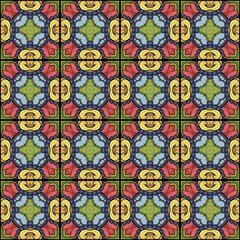 Seamless Tile Pattern, Crazy Patchwork Quilt Ornament. Endless Ethnic Texture with Square Ornate Motif. Vintage Mosaic Décor. Swatch for Fabric Textile, Wrapping Paper, Wallpaper. Vector Illustration
