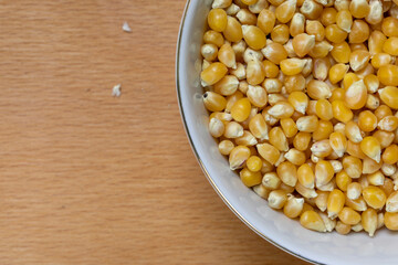 Top view of a bowl with popcorn grain